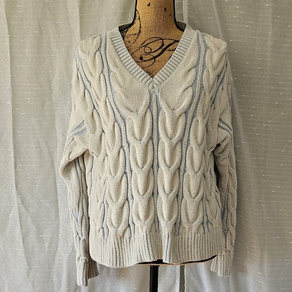 Free People Washed Cable V Neck Sweater Vintage Sky Blue Sz Small - Picture 3 of 8